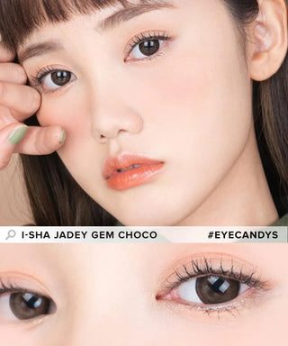 Model showcasing the natural look using i-Sha Jadey Gem Choco prescription colored contact lenses, above a closeup of a pair of eyes enhanced and widened by the circle lenses.