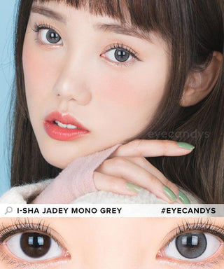 Model showcasing the natural look using i-Sha Jadey Mono Grey prescription colored contact lenses, above a closeup of a pair of eyes enhanced and widened by the circle lenses.