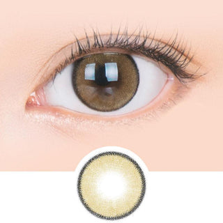 Macro shot of an eye wearing the i-Sha Jadey Stone Brown prescription colour contact lens, showing the multi-colored detail and natural effect on dark brown eyes, with clean eye makeup. At the bottom is the pattern of the colored lens design, showing the dotted detail and pigmentation.