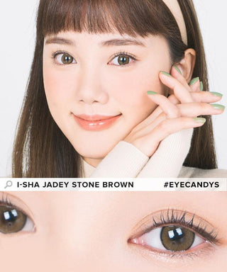Model showcasing the natural look using i-Sha Jadey Stone Brown prescription colored contact lenses, above a closeup of a pair of eyes enhanced and widened by the circle lenses.