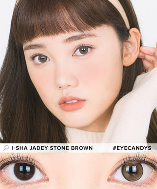 Model showcasing the natural look using i-Sha Jadey Stone Brown prescription colored contact lenses, above a closeup of a pair of eyes enhanced and widened by the circle lenses.