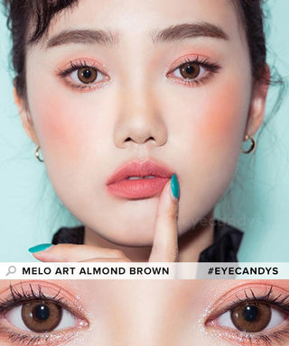 Model showcasing the natural look using i-Sha Melo Art Almond Brown prescription colored contact lenses, above a closeup of a pair of eyes enhanced and widened by the circle lenses.