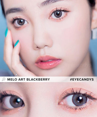 Model showcasing the natural look using i-Sha Melo Art Blackberry prescription colored contact lenses, above a closeup of a pair of eyes enhanced and widened by the circle lenses.