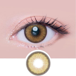 Macro shot of an eye wearing the i-Sha Melo Art Pine Brown prescription colour contact lens, showing the multi-colored detail and natural effect on dark brown eyes, with clean eye makeup. At the bottom is the pattern of the colored lens design, showing the dotted detail and pigmentation.