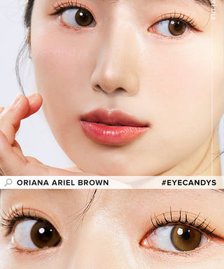 Model showcasing the natural look using i-Sha Ariel Brown prescription colored contact lenses, above a closeup of a pair of eyes enhanced and widened by the circle lenses.