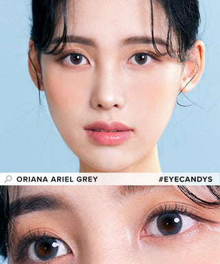 Model showcasing the natural look using i-Sha Ariel 1-Day Grey (10pk) prescription colored contact lenses, above a closeup of a pair of eyes enhanced and widened by the circle lenses.