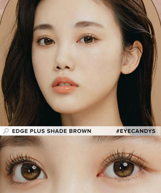 Model showcasing the natural look using i-Sha Oriana Edge Plus Shade Brown prescription colored contact lenses, above a closeup of a pair of eyes enhanced and widened by the circle lenses.