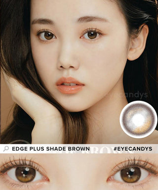 Model showcasing the natural look using i-Sha Oriana Edge Plus Shade Brown prescription colored contact lenses, above a closeup of a pair of eyes enhanced and widened by the circle lenses.