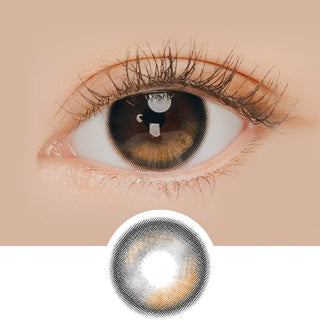 Macro shot of an eye wearing the i-Sha Oriana Edge Plus Shade Grey prescription colour contact lens, showing the multi-colored detail and natural effect on dark brown eyes, with clean eye makeup. At the bottom is the pattern of the colored lens design, showing the dotted detail and pigmentation.