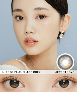 Model showcasing the natural look using i-Sha Oriana Edge Plus Shade Grey prescription colored contact lenses, above a closeup of a pair of eyes enhanced and widened by the circle lenses.