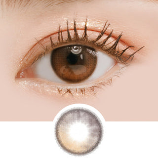 Macro shot of an eye wearing the i-Sha Oriana Shade Brown prescription colour contact lens, showing the multi-colored detail and natural effect on dark brown eyes, with clean eye makeup. At the bottom is the pattern of the colored lens design, showing the dotted detail and pigmentation.
