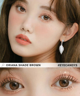 Model showcasing the natural look using i-Sha Oriana Shade Brown prescription colored contact lenses, above a closeup of a pair of eyes enhanced and widened by the circle lenses.