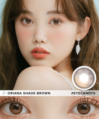 Model showcasing the natural look using i-Sha Oriana Shade Brown prescription colored contact lenses, above a closeup of a pair of eyes enhanced and widened by the circle lenses.