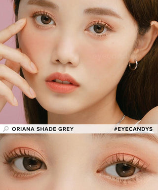 Model showcasing the natural look using i-Sha Oriana Shade Grey prescription colored contact lenses, above a closeup of a pair of eyes enhanced and widened by the circle lenses.