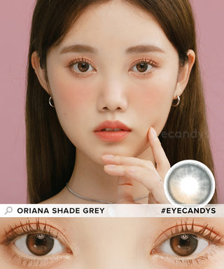 Model showcasing the natural look using i-Sha 1-Day Oriana Shade Grey (10pk) prescription colored contact lenses, above a closeup of a pair of eyes enhanced and widened by the circle lenses.
