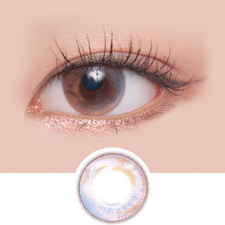 Macro shot of an eye wearing the i-Sha Season Eye Spring Pink prescription colour contact lens, showing the multi-colored detail and natural effect on dark brown eyes, with clean eye makeup. At the bottom is the pattern of the colored lens design, showing the dotted detail and pigmentation.