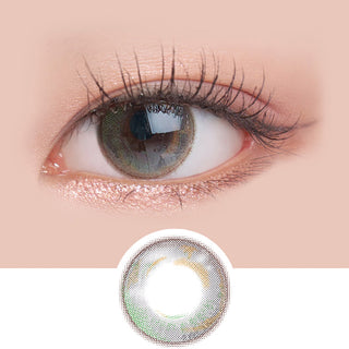 Macro shot of an eye wearing the i-Sha Season Eye Summer Green prescription colour contact lens, showing the multi-colored detail and natural effect on dark brown eyes, with clean eye makeup. At the bottom is the pattern of the colored lens design, showing the dotted detail and pigmentation.