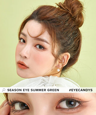 Model showcasing the natural look using i-Sha Season Eye Summer Green prescription colored contact lenses, above a closeup of a pair of eyes enhanced and widened by the circle lenses.