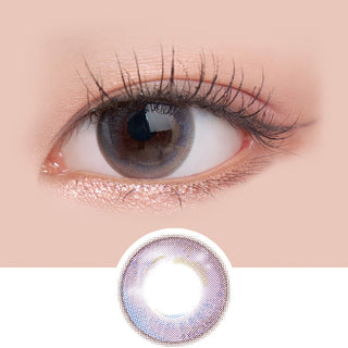 Macro shot of an eye wearing the i-Sha Season Eye Winter Violet prescription colour contact lens, showing the multi-colored detail and natural effect on dark brown eyes, with clean eye makeup. At the bottom is the pattern of the colored lens design, showing the dotted detail and pigmentation.