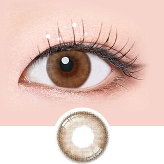 Macro shot of an eye wearing the i-Sha Serenity Brown prescription colour contact lens, showing the multi-colored detail and natural effect on dark brown eyes, with clean eye makeup. At the bottom is the pattern of the colored lens design, showing the dotted detail and pigmentation.