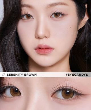 Model showcasing the natural look using i-Sha Serenity Brown prescription colored contact lenses, above a closeup of a pair of eyes enhanced and widened by the circle lenses.