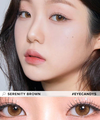 Model showcasing the natural look using i-Sha Serenity 1-Day Brown (10pk) prescription colored contact lenses, above a closeup of a pair of eyes enhanced and widened by the circle lenses.
