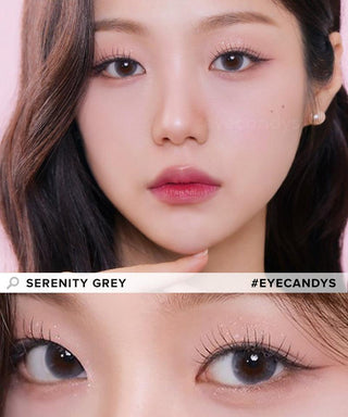 Model showcasing the natural look using i-Sha Serenity 1-Day Grey (10pk) prescription colored contact lenses, above a closeup of a pair of eyes enhanced and widened by the circle lenses.