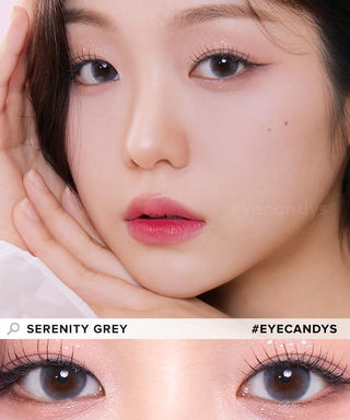 Model showcasing the natural look using i-Sha Serenity 1-Day Grey (10pk) prescription colored contact lenses, above a closeup of a pair of eyes enhanced and widened by the circle lenses.