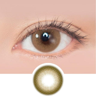 Macro shot of an eye wearing the i-Sha Shine Smile Butter Muffin Brown prescription colour contact lens, showing the multi-colored detail and natural effect on dark brown eyes, with clean eye makeup. At the bottom is the pattern of the colored lens design, showing the dotted detail and pigmentation.