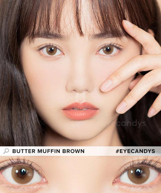 Model showcasing the natural look using i-Sha Shine Smile Butter Muffin Brown prescription colored contact lenses, above a closeup of a pair of eyes enhanced and widened by the circle lenses.
