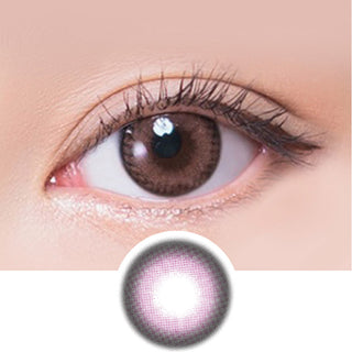 Macro shot of an eye wearing the i-Sha Shine Smile Cherry Muffin Pink prescription colour contact lens, showing the multi-colored detail and natural effect on dark brown eyes, with clean eye makeup. At the bottom is the pattern of the colored lens design, showing the dotted detail and pigmentation.