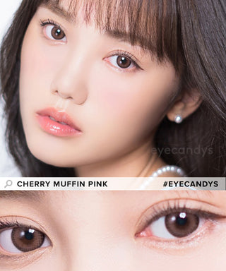 Model showcasing the natural look using i-Sha Shine Smile Cherry Muffin Pink prescription colored contact lenses, above a closeup of a pair of eyes enhanced and widened by the circle lenses.