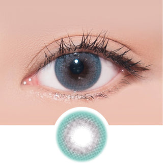 Macro shot of an eye wearing the i-Sha Shine Smile Ice Muffin Blue prescription colour contact lens, showing the multi-colored detail and natural effect on dark brown eyes, with clean eye makeup. At the bottom is the pattern of the colored lens design, showing the dotted detail and pigmentation.
