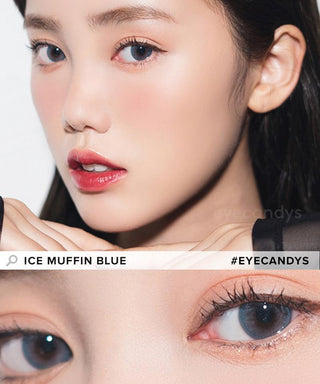Model showcasing the natural look using i-Sha Shine Smile Ice Muffin Blue prescription colored contact lenses, above a closeup of a pair of eyes enhanced and widened by the circle lenses.