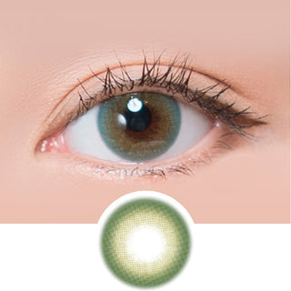 Macro shot of an eye wearing the i-Sha Shine Smile Melon Muffin Green prescription colour contact lens, showing the multi-colored detail and natural effect on dark brown eyes, with clean eye makeup. At the bottom is the pattern of the colored lens design, showing the dotted detail and pigmentation.