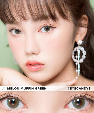 Model showcasing the natural look using i-Sha Shine Smile Melon Muffin Green prescription colored contact lenses, above a closeup of a pair of eyes enhanced and widened by the circle lenses.