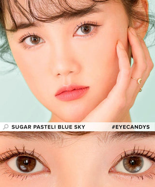Model showcasing the natural look using i-Sha Sugar Pasteli Blue Sky prescription colored contact lenses, above a closeup of a pair of eyes enhanced and widened by the circle lenses.
