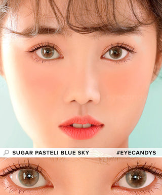 Model showcasing the natural look using i-Sha Sugar Pasteli Blue Sky prescription colored contact lenses, above a closeup of a pair of eyes enhanced and widened by the circle lenses.