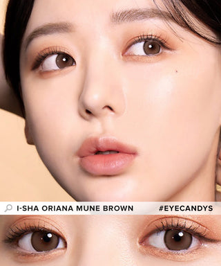 Model showcasing the natural look using i-Sha Oriana Mune 1-Day Brown (10pk) prescription colored contact lenses, above a closeup of a pair of eyes enhanced and widened by the circle lenses.