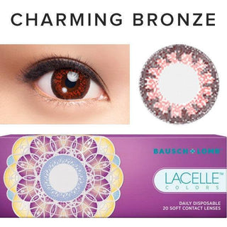 Collage showing Close-up shot of a model eye wearing Lacelle Colors Charming Bronze colored contact lens in one eye that is naturally dark-brown with natural eye make up and lashes, Single Lacelle Colors Charming Bronze contact lens on a white surface showing the pixel detail, and the box or packaging of Lacelle Colors Charming Bronze 20 soft contact lenses