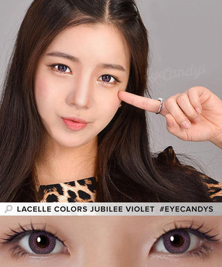 Female Asian model showcases Lacelle Colors Jubilee Violet lenses, with her index finger pointing above one of her cheek, highlighting the captivating effect of the violet contacts in a close-up image. While a separate illustration detailed photograph focuses on the eyes of a model, showcasing the Lacelle Colors Jubilee Violet contact lens prominently. This is accompanied by natural eyeshadow and beautiful long eyelashes.