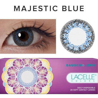 Collage showing Close-up shot of a model eye wearing Lacelle Colors Majestic Blue colored contact lens in one eye that is naturally dark-brown with natural eye make up and lashes, Single Lacelle Colors Majestic Blue contact lens on a white surface showing the pixel detail, and the box or packaging of Lacelle Colors Majestic Blue 20 soft contact lenses