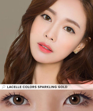 Female Asian model showcases Lacelle Colors Sparkling Gold lenses, with her head tilting to one side, highlighting the captivating effect of the gold contacts in a close-up image. While a separate illustration detailed photograph focuses on the eyes of a model, showcasing the Lacelle Colors Sparkling Gold contact lens prominently. This is accompanied by natural eyeshadow and beautiful long eyelashes.