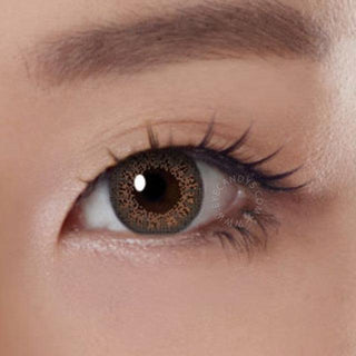 Close-up shot of a model eye wearing Lacelle Colors Sparkling Gold colored contact lens in one eye that is naturally dark-brown with natural eye make up and long lashes