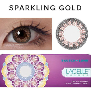 Collage showing Close-up shot of a model eye wearing Lacelle Colors Sparkling Gold colored contact lens in one eye that is naturally dark-brown with natural eye make up and lashes, Single Lacelle Colors Sparkling Gold contact lens on a white surface showing the pixel detail, and the box or packaging of Lacelle Colors Sparkling Gold 20 soft contact lenses