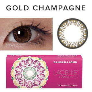 Collage showing Close-up shot of a model eye wearing Lacelle Diamond Gold Champagne colored contact lens in one eye that is naturally dark-brown with natural eye make up and lashes, Single Lacelle Diamond Gold Champagne contact lens on a white surface showing the pixel detail, and the box or packaging of Lacelle Diamond Gold Champagne Gold 2 soft contact lenses