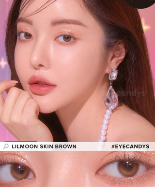 Comparison image of a woman's natural dark eye color and with LensMe LilMoon Skin Brown Japanese colored contacts, available in prescription.