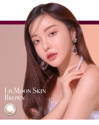 Comparison image of a woman's natural dark eye color and with LensMe LilMoon Skin Brown Japanese colored contacts, available in prescription.