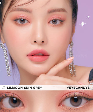 Comparison image of a woman's natural dark eye color and with LensMe LilMoon Skin Grey Japanese colored contacts, available in prescription.