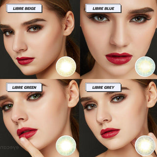 Collage of a model wearing EyeCandys Libre contact lenses in various colors: brown, blue, green and grey contact lenses, paired with bold red lipstick.